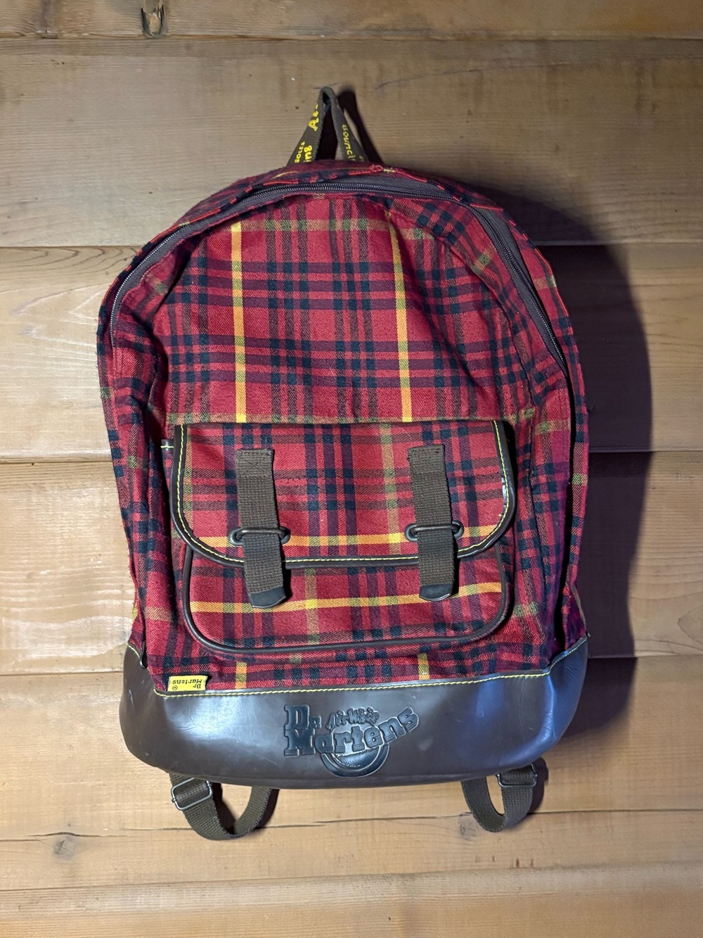 90s Dr Martens Vintage Red Plaid Backpack- Red Yellow Brown Black- Grunge